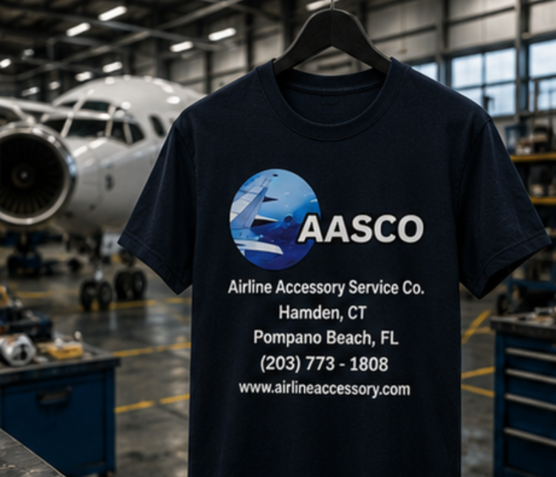 Navy AASCO T-shirt with Airline Accessory Service Co. logo hanging in an aircraft hangar