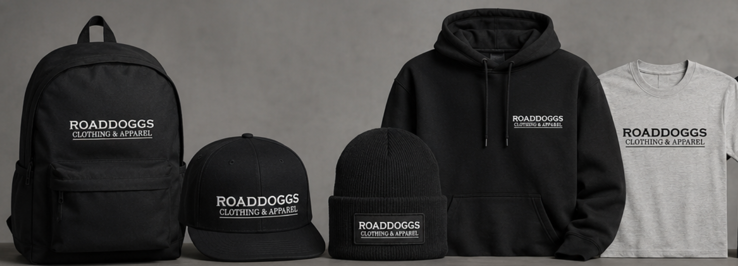 Black and gray Roaddoggs hoodie, backpack, beanie, and T-shirt displayed on a gray background
