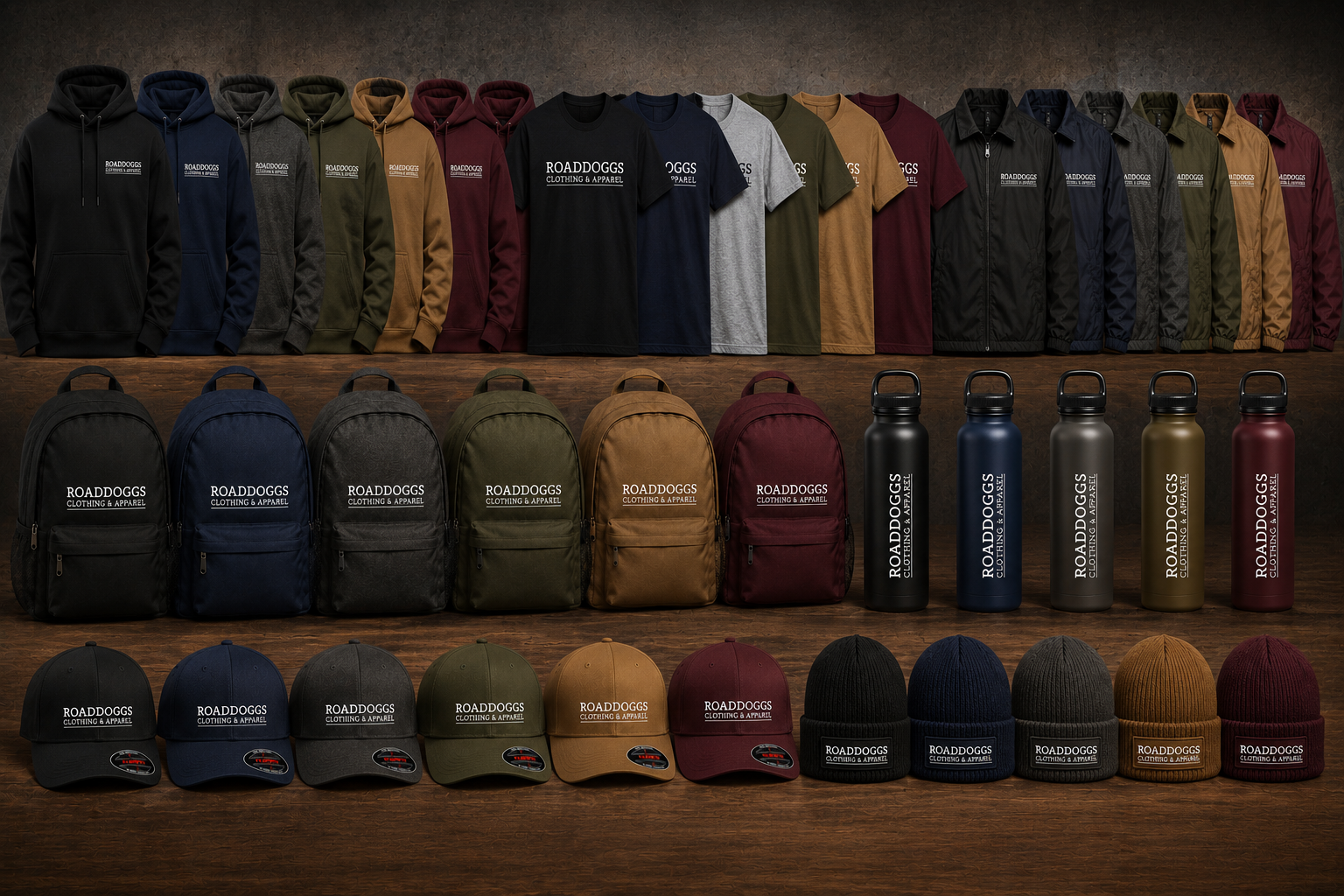 Rows of colorful caps, backpacks, and water bottles arranged on shelves against a dark wall