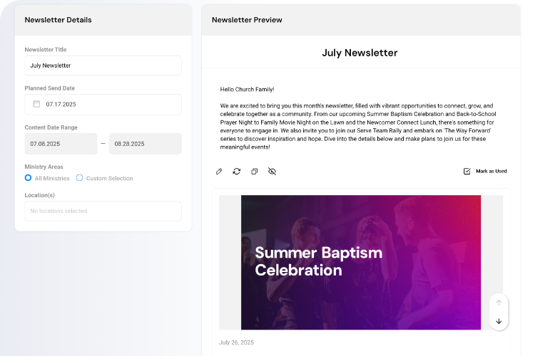 ChurchCopy Newsletter Builder screen showing sections for ministries and events with preview of final email.