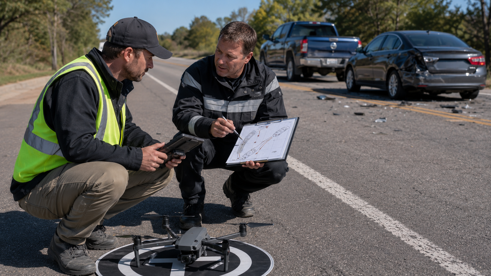 Drone documentation professional and collision specialist reviewing separate roadway documentation