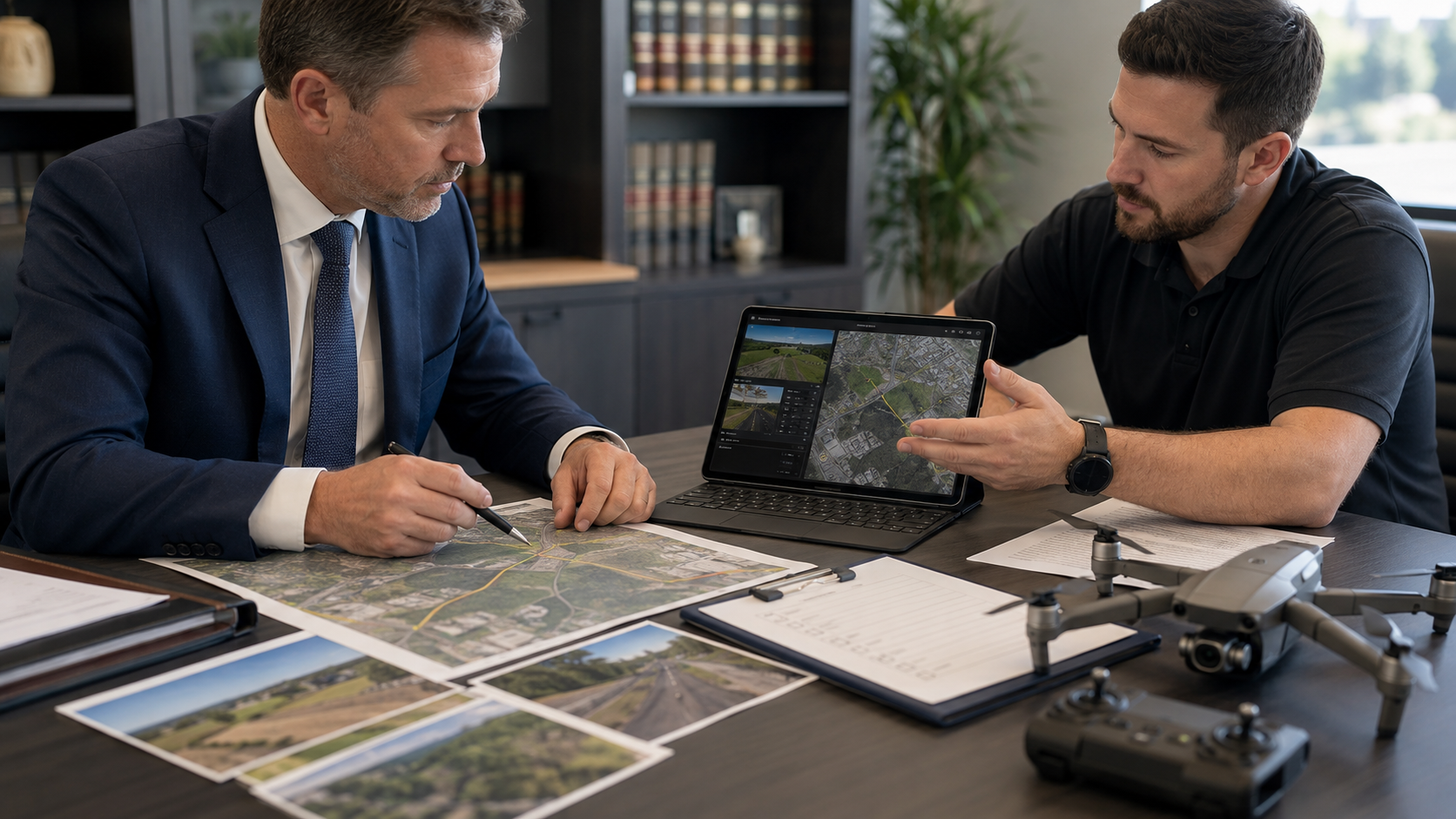 Attorney & drone documentation provider reviewing a roadway map, assignment objectives, site access