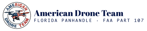 American Drone Team logo with red and blue drone emblem and Florida Panhandle FAA Part 107 text