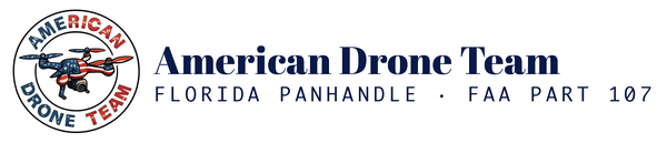American Drone Team logo with red and blue drone emblem and Florida Panhandle FAA Part 107 text