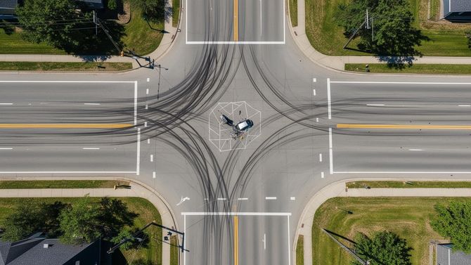 Aerial view of a multi-lane road intersection with a white car in the center and tire skid marks on the pavement