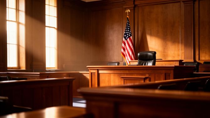 Empty courtroom with wooden benches, judge’s bench, and an American flag in warm sunlight