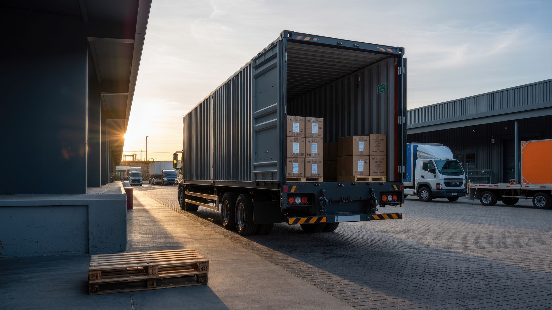 Freight truck with open container loaded with boxes at warehouse dock during sunset Freight truck with open container loaded with boxes at warehouse dock during sunset