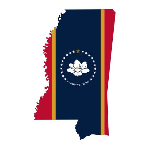Mississippi state flag overlaid on the state's outline: dark blue field with a magnolia, gold star, gold and red stripes.