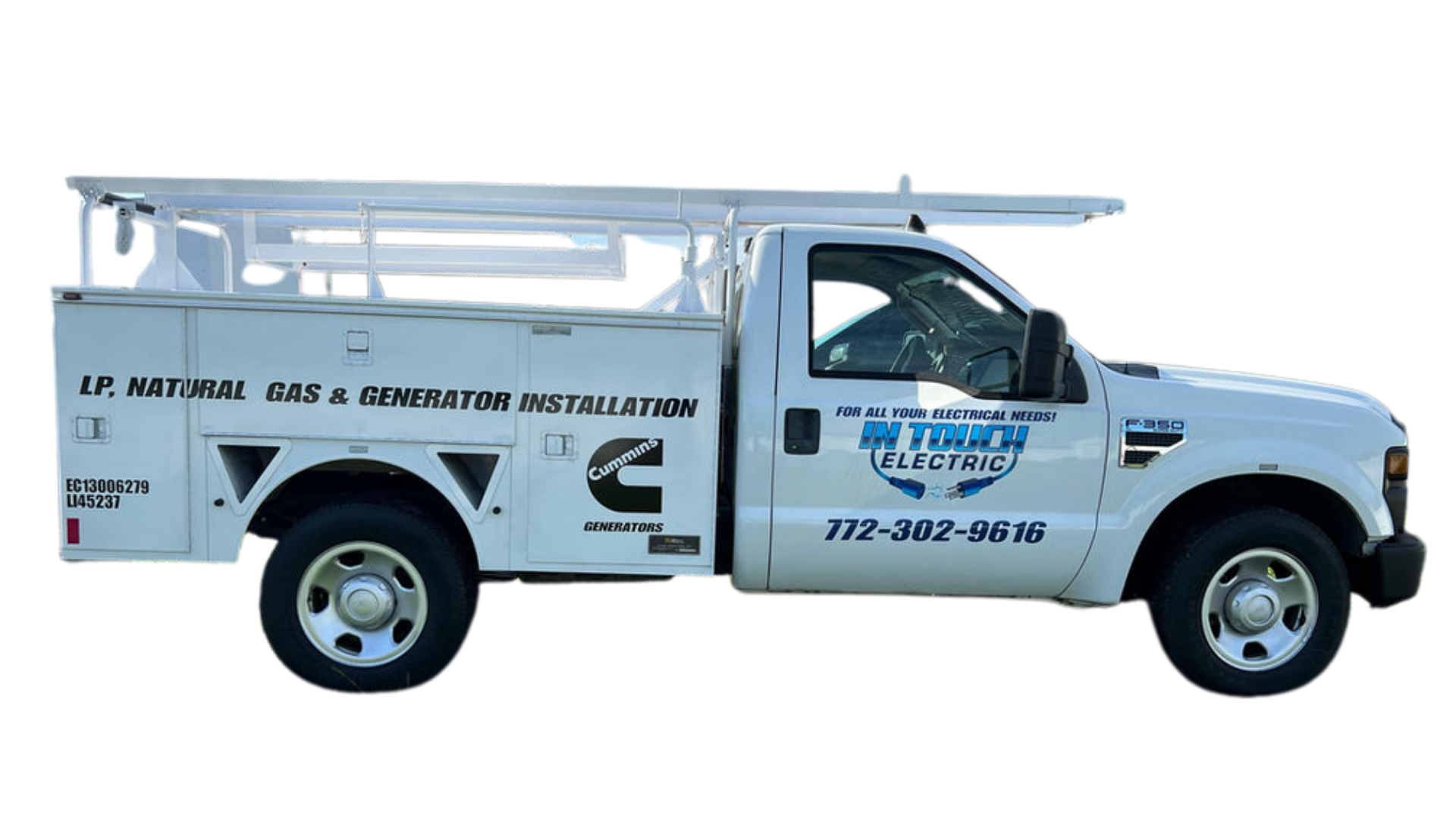 White utility truck with ladder rack and company branding on the side, shown in profile.