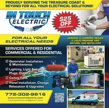 Blue and yellow electrical services ad with generator, generator van, and $25 off badge