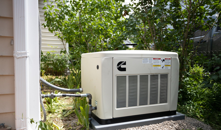 Outdoor HVAC unit beside a stone patio wall with people gathered around a backyard house