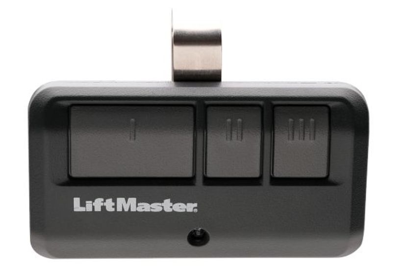 A black liftmaster garage door remote control on a white background.