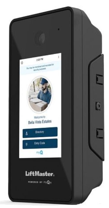 A black liftmaster device with a picture of a delivery man on the screen.