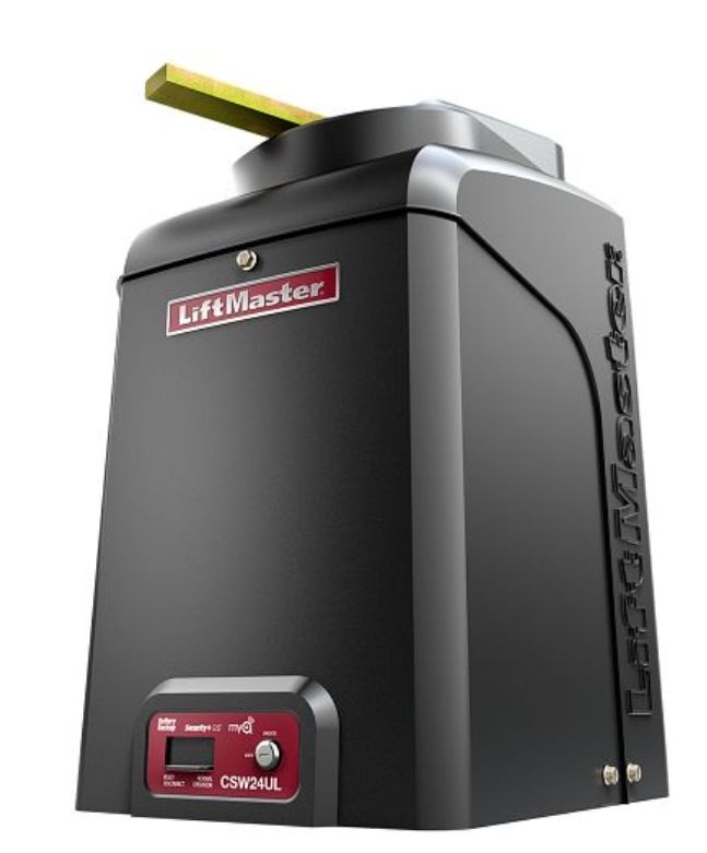 A black liftmaster garage door opener on a white background