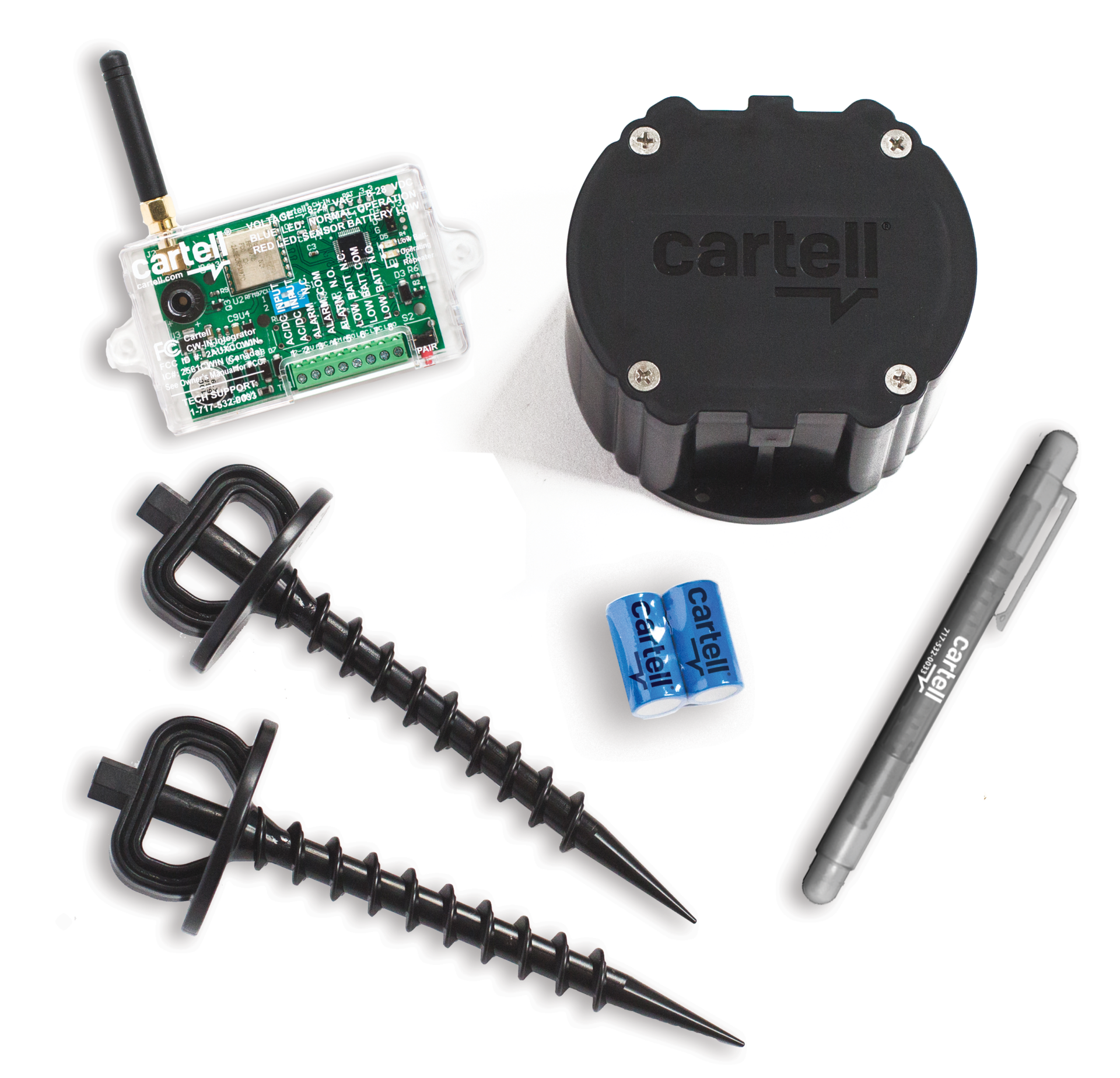 A cartell device is sitting on a white surface