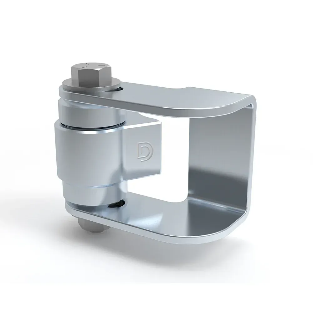 A close up of a metal hinge on a white background.