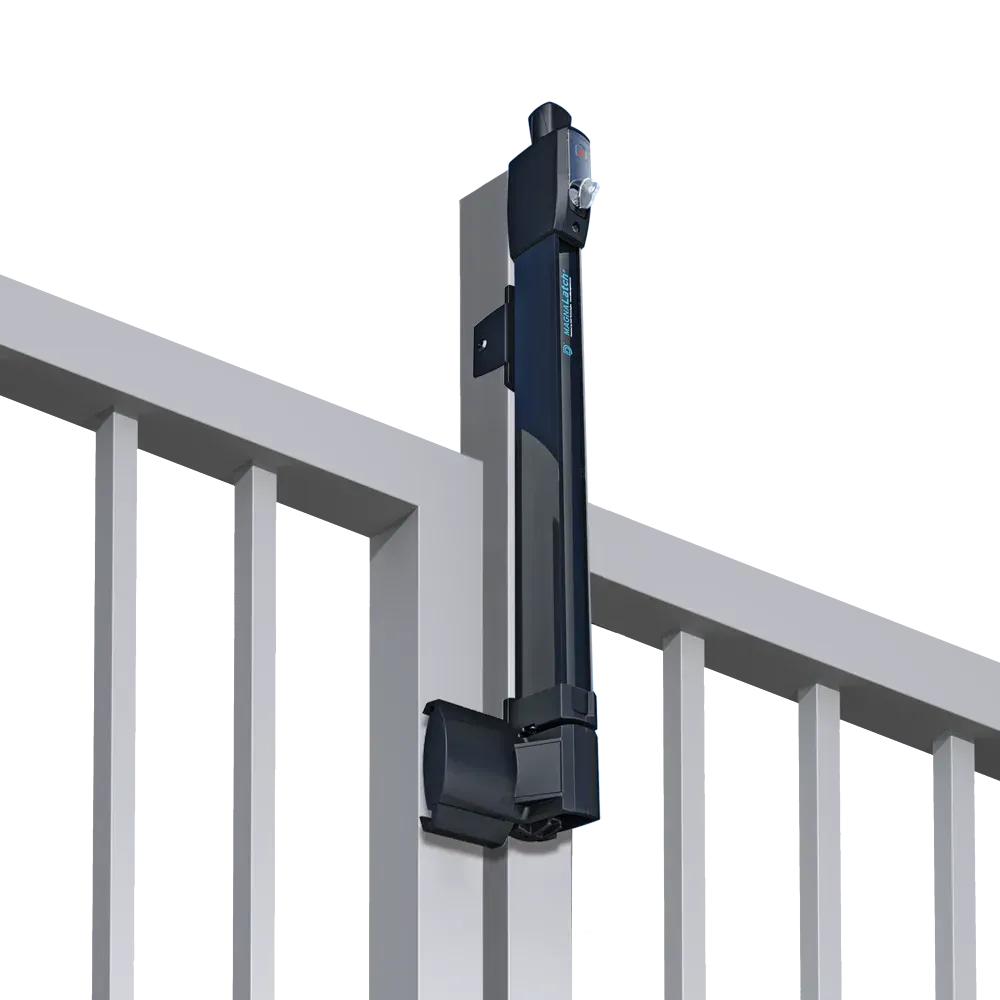A fence with a black latch attached to it