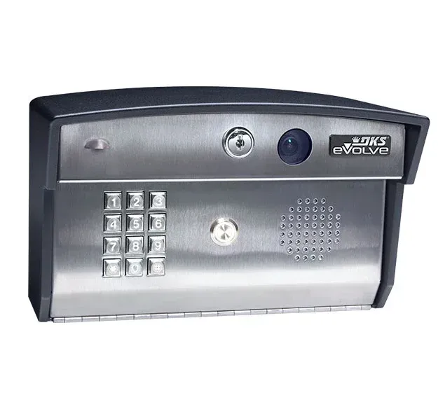 A stainless steel door phone with a keypad and a camera.