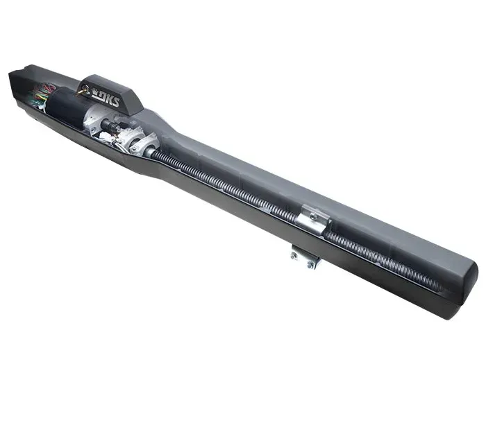 A black gate motor with a cord attached to it on a white background.