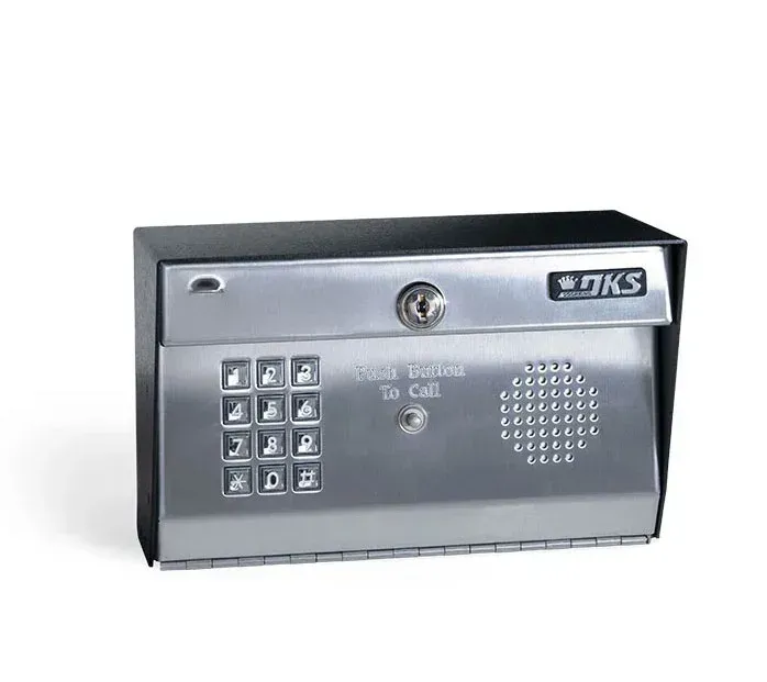 A stainless steel box with a keypad on a white background.