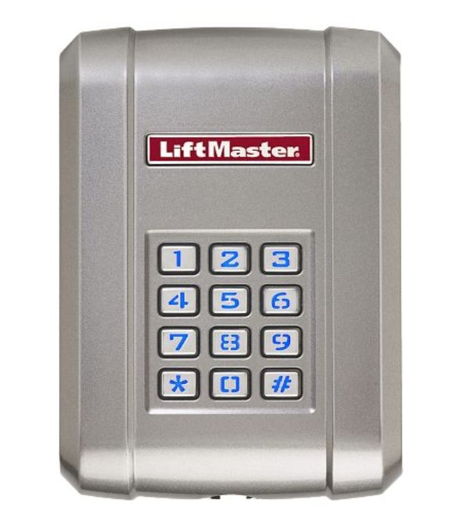 A silver liftmaster keypad on a white background