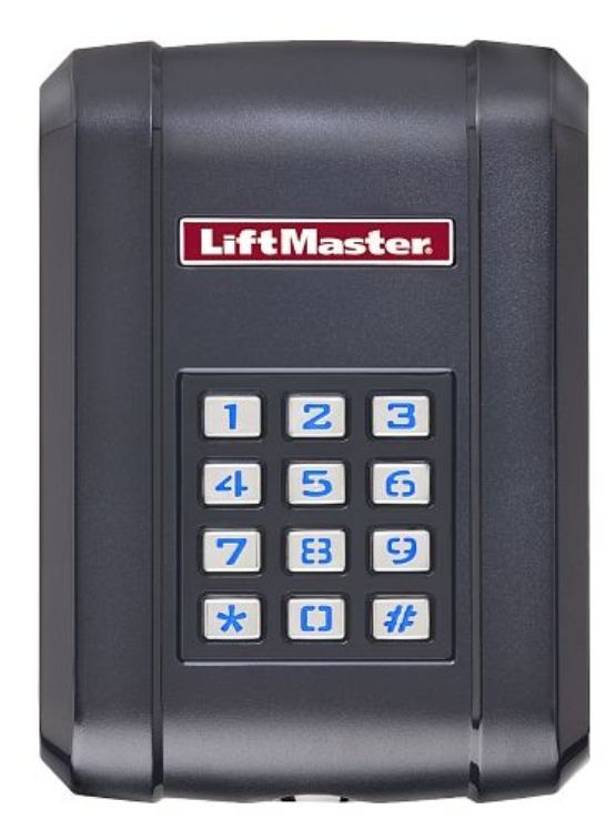 A black lift master keypad on a white background