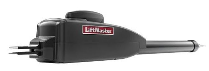 A black liftmaster garage door opener on a white background.