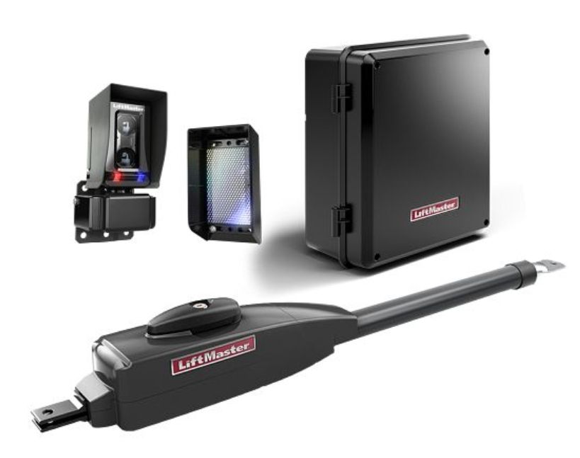 A picture of a garage door opener with a remote control and a box.