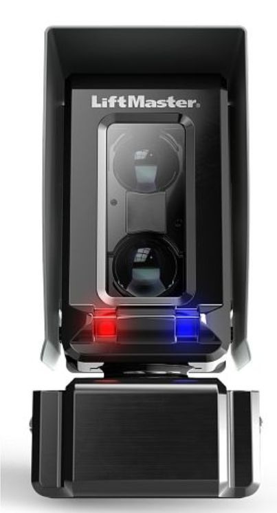 A black liftmaster camera with red and blue lights on it
