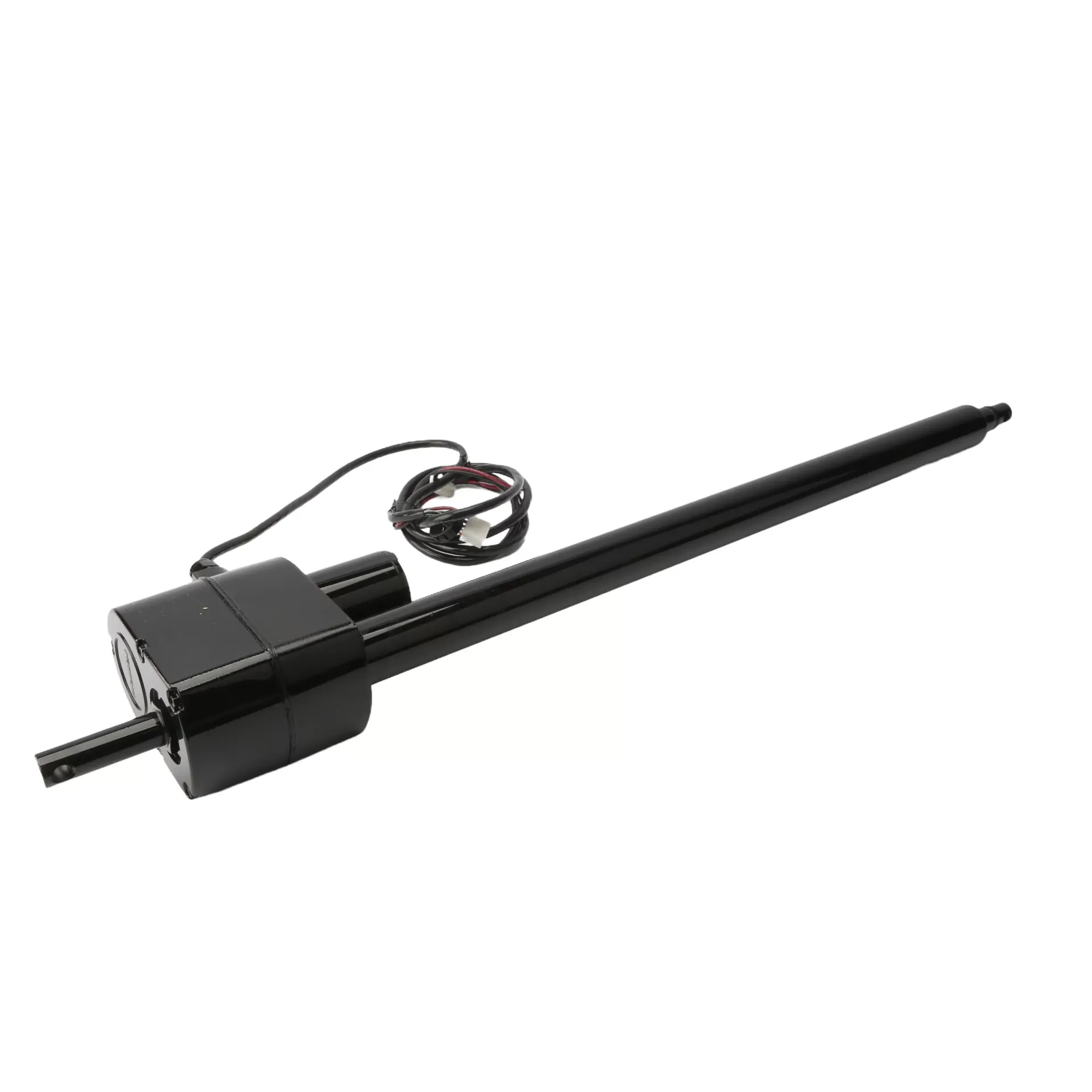 A black electric motor with a wire attached to it on a white background.