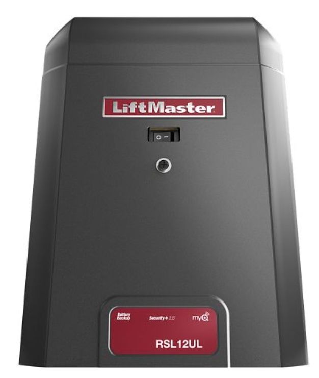 A black liftmaster garage door opener on a white background