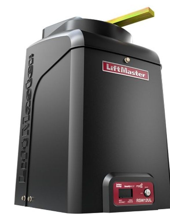 A black liftmaster garage door opener on a white background