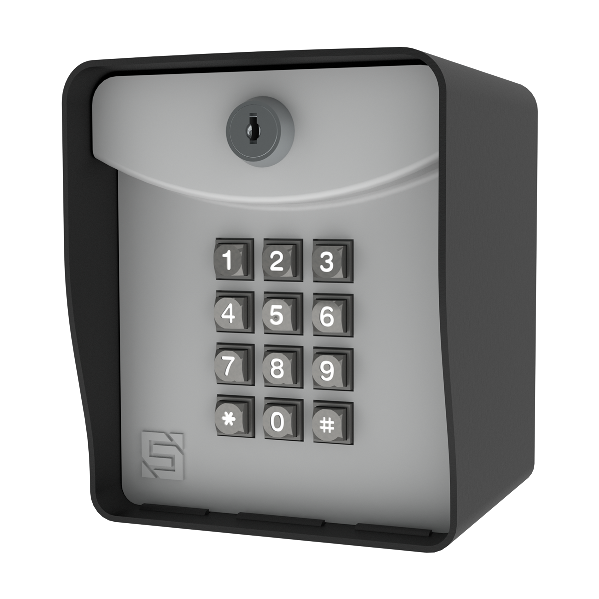 A black and white keypad with a key on it.