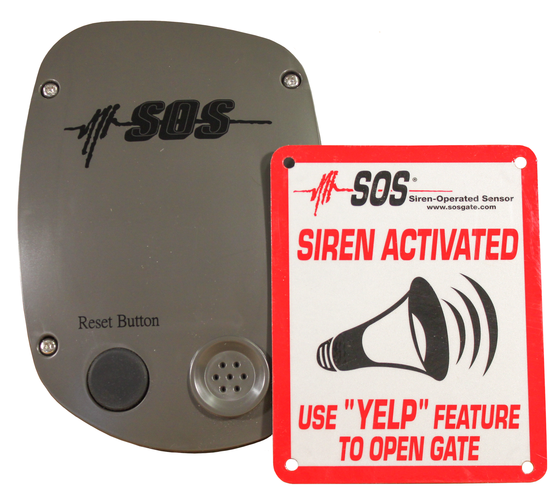 A sos siren activated device next to a sign that says use yelp feature to open gate