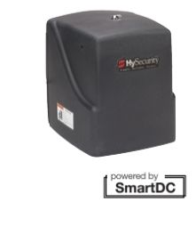 A black sliding gate motor is powered by smart dc.