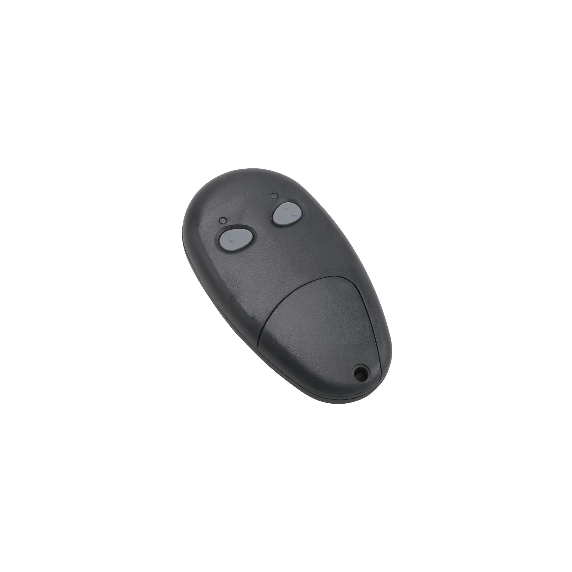 A black remote control with two buttons on a white background.