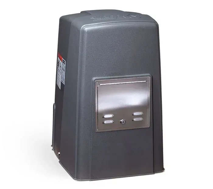 A black garbage can with a stainless steel door