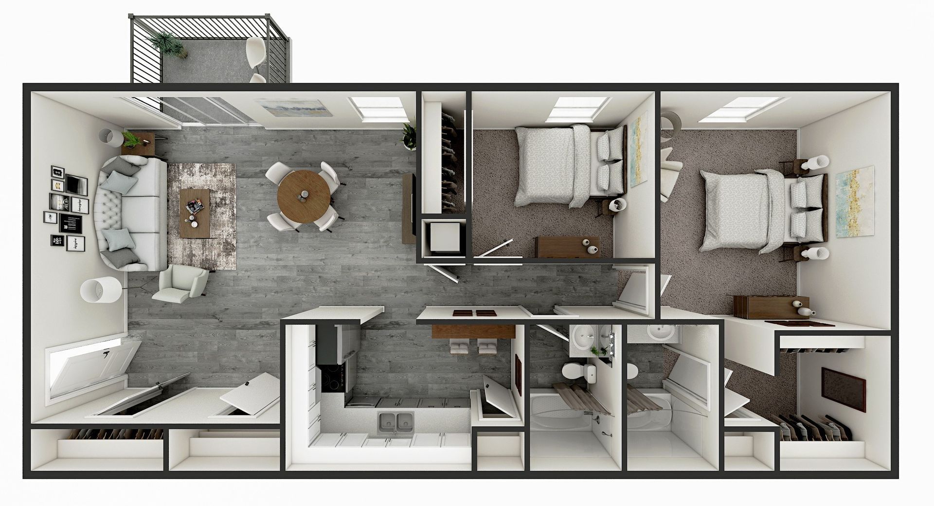 Floor plan of a two-bedroom apartment, including a living room, kitchen, and balcony.