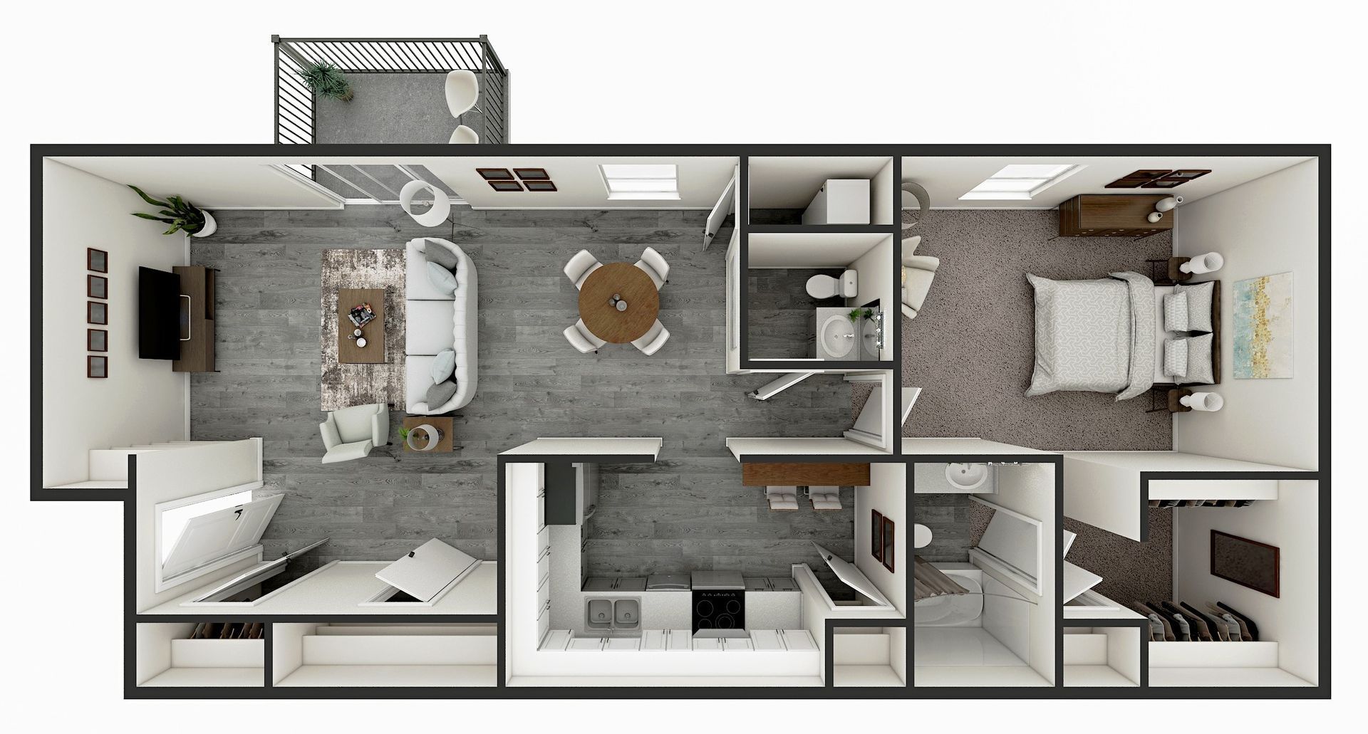 Floor plan rendering of a modern one-bedroom apartment with living room, kitchen, and balcony.