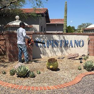 Man watering cactus garden in front of a sign reading “Pistrano” on a sunny day