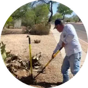 Person digging soil beside a roadside using a shovel, with a yellow post and desert shrubs nearby