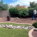 Landscaped yard with rock border, shrubs, and a person standing near flowering bushes