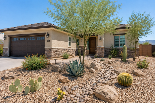 Desert-style landscaped garden with cacti, rocks, and a brick pathway