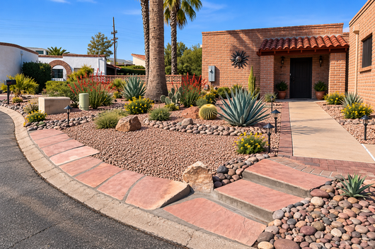 Bright green lawn beside a brick walkway, with a red truck and raised stone border in the background
