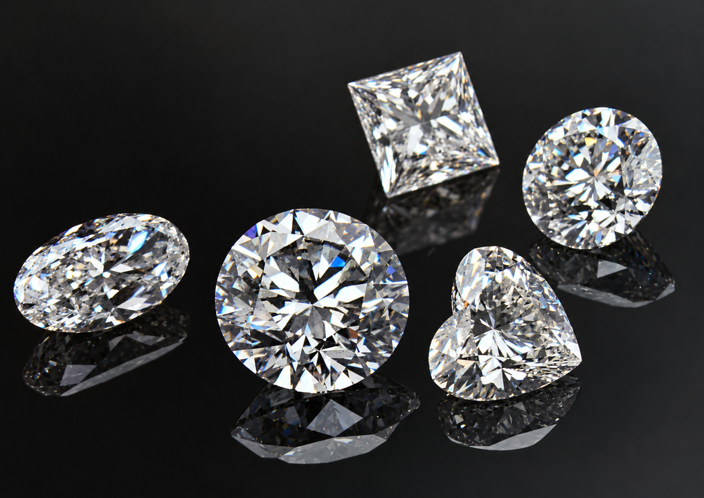 Pinzette che tengono un diamante sfaccettato sopra diversi diamanti sciolti su una superficie scura