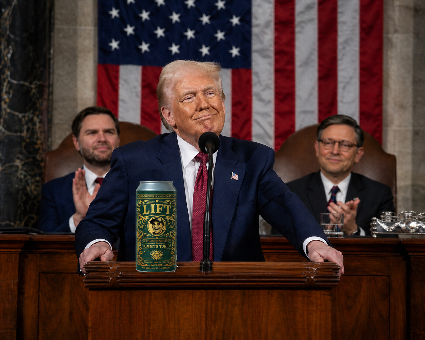 Donald Trump speaking at a podium before a U.S. flag, with officials seated behind him.