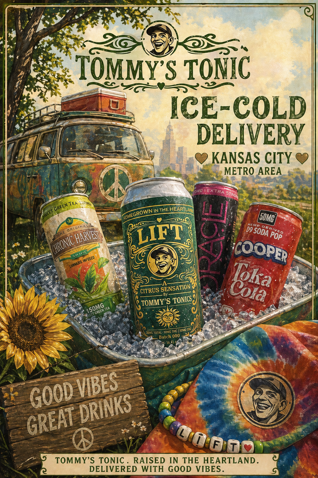Vintage Tommy’s Tonic ice-cold delivery poster with colorful soda bottles, sunflower, rainbow, and truck illustration