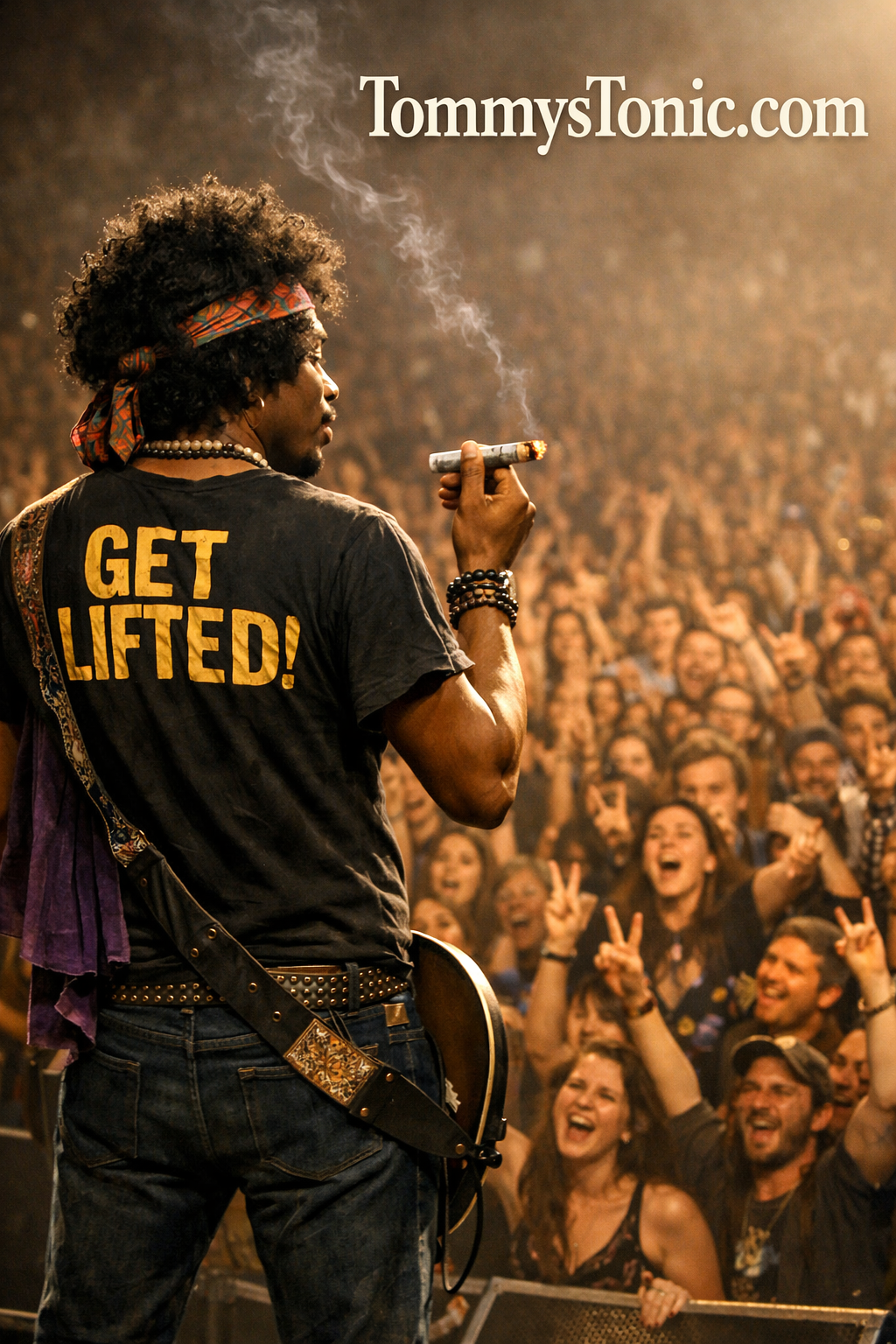 Musician onstage with back to camera, holding a microphone before a cheering crowd, wearing a “GET LIFTED!” shirt.