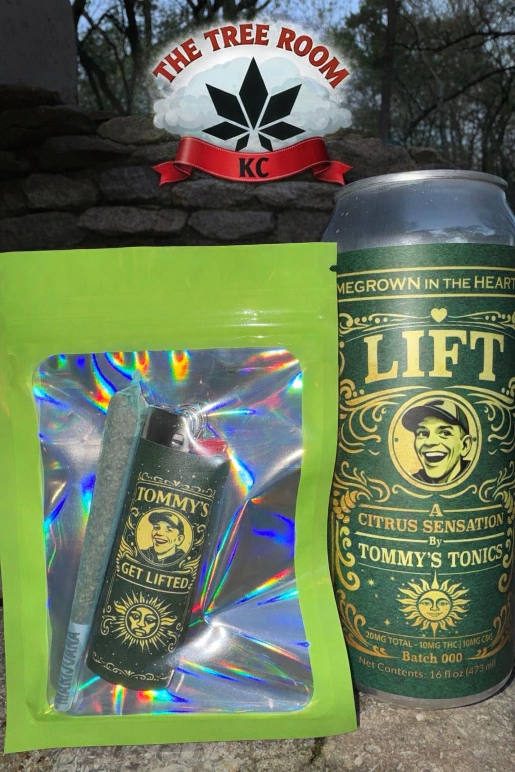 Green pouch and can of Lift citrus soda with Tommy’s Tonic branding on a table outdoors.
