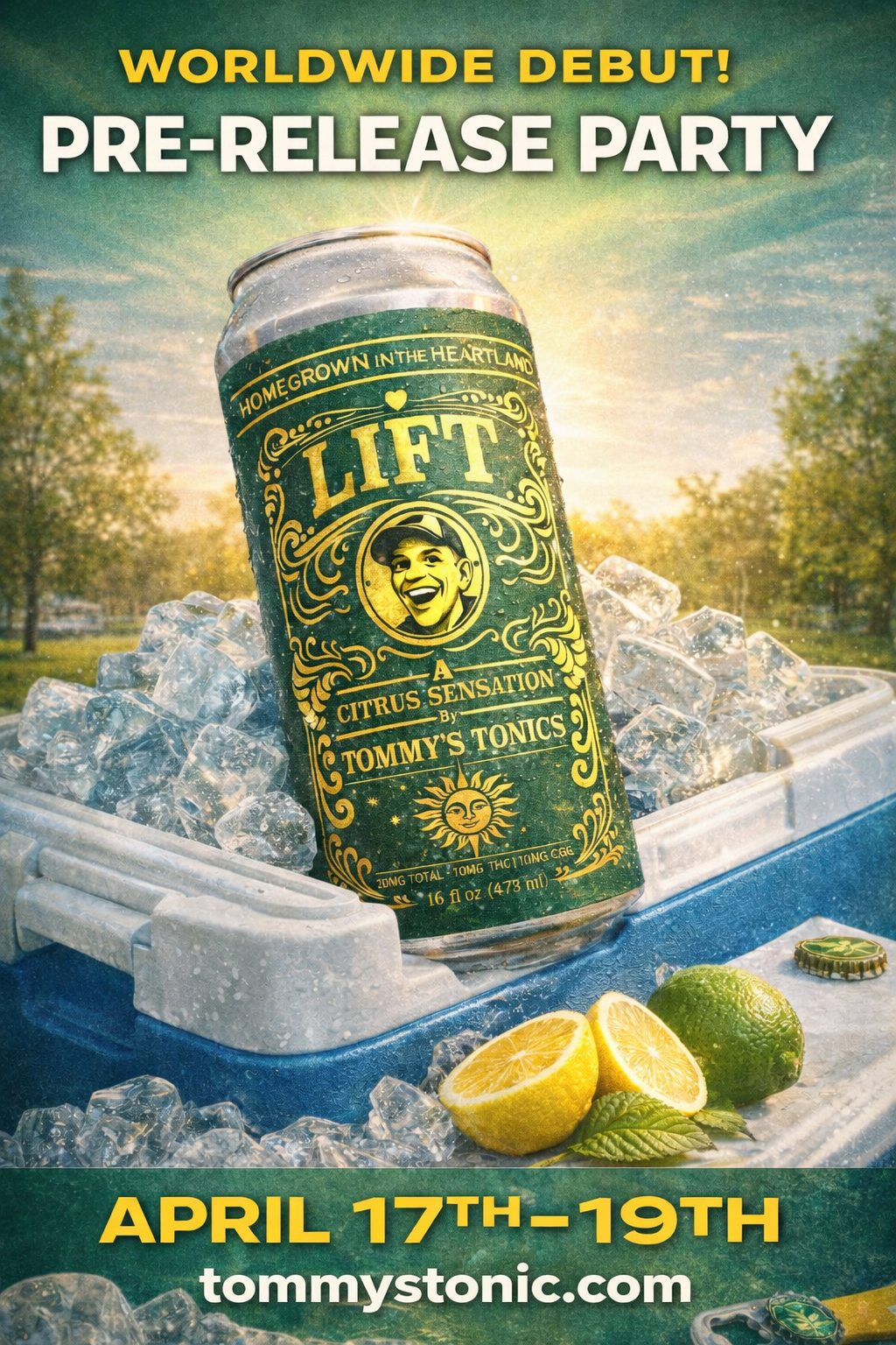 LIFT drink can in an ice tub with limes; “Worldwide debut pre-release party” and April 17–19 text.